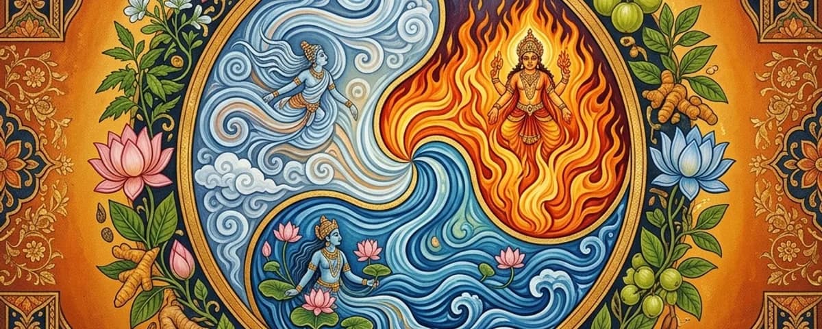 Tridosha harmony - Vata, Pitta and Kapha elements with lotus and herbs