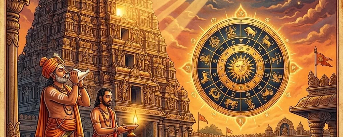 Auspicious moment - sunrise rays over a temple gopuram