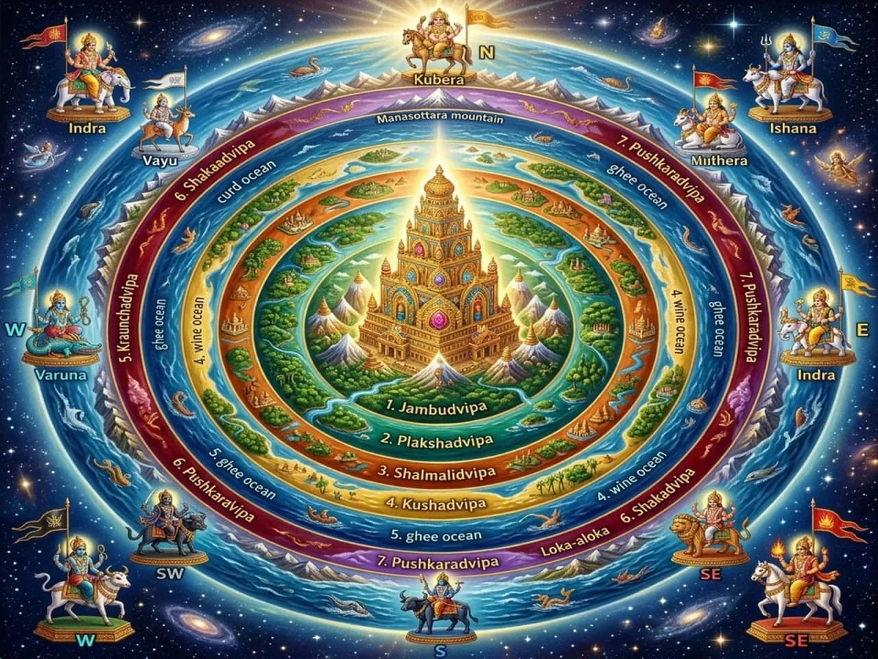 Vedic cosmological mandala showing Saptadvipas and Mount Meru