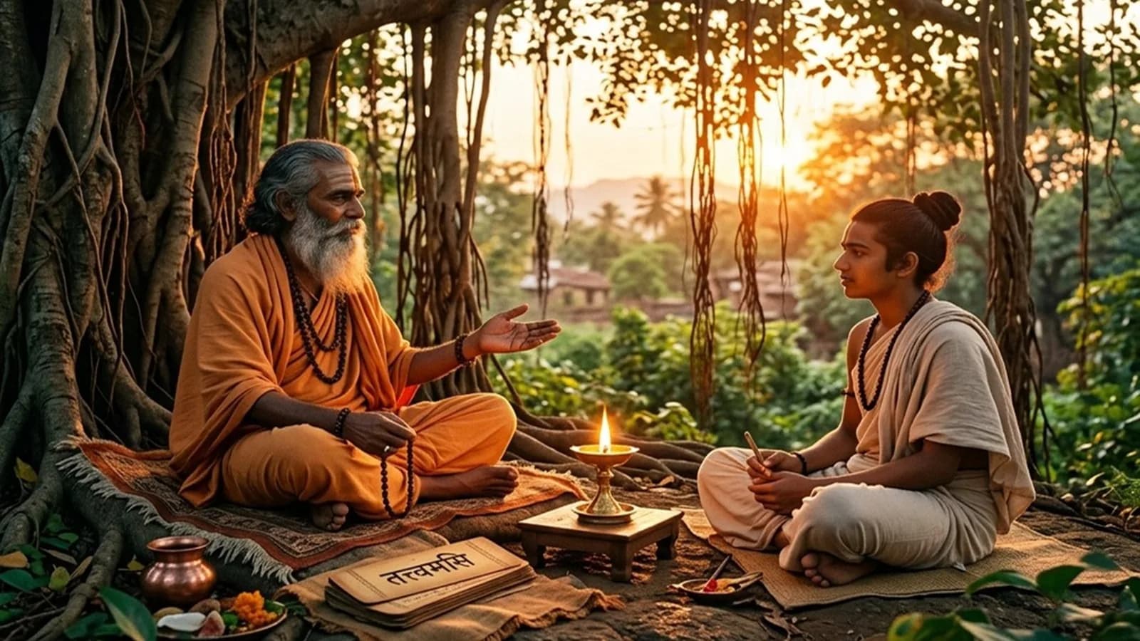 Guru and shishya seated under a banyan tree studying Upanishads at dusk