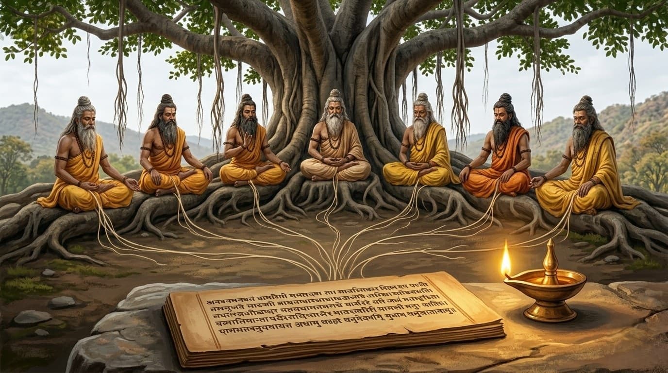Seven rishis seated under a banyan tree with palm-leaf manuscripts — gotra lineage illustration