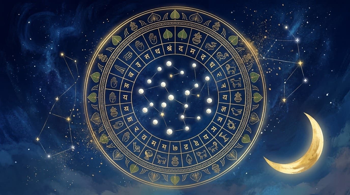 Night sky with 27 nakshatras connected by faint constellation lines and a crescent moon