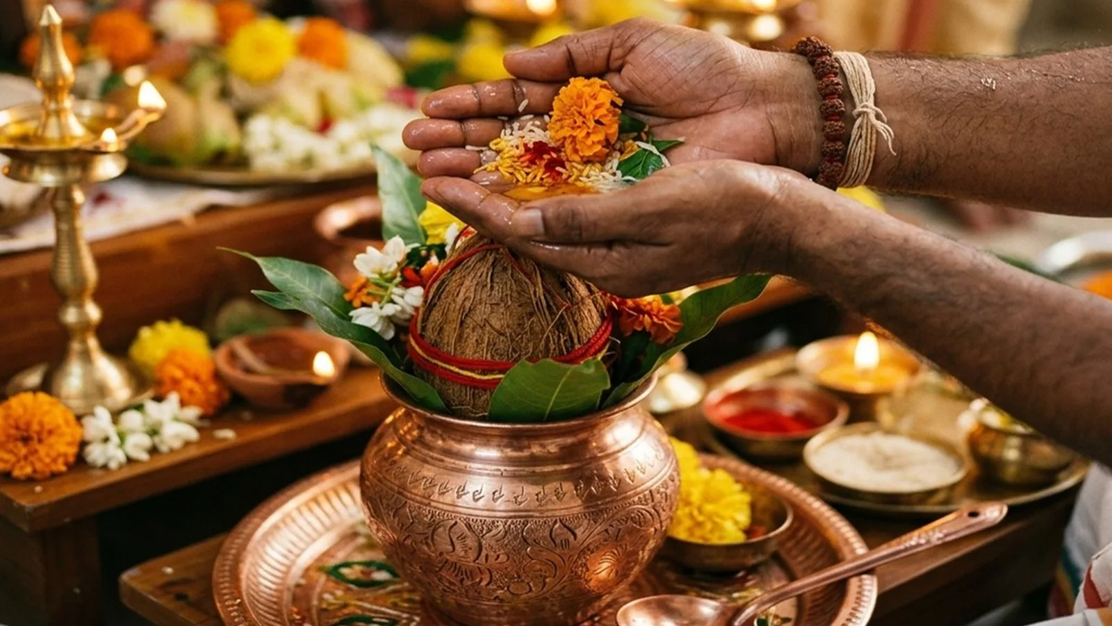 Hands performing sankalpa puja with a sacred kalasha