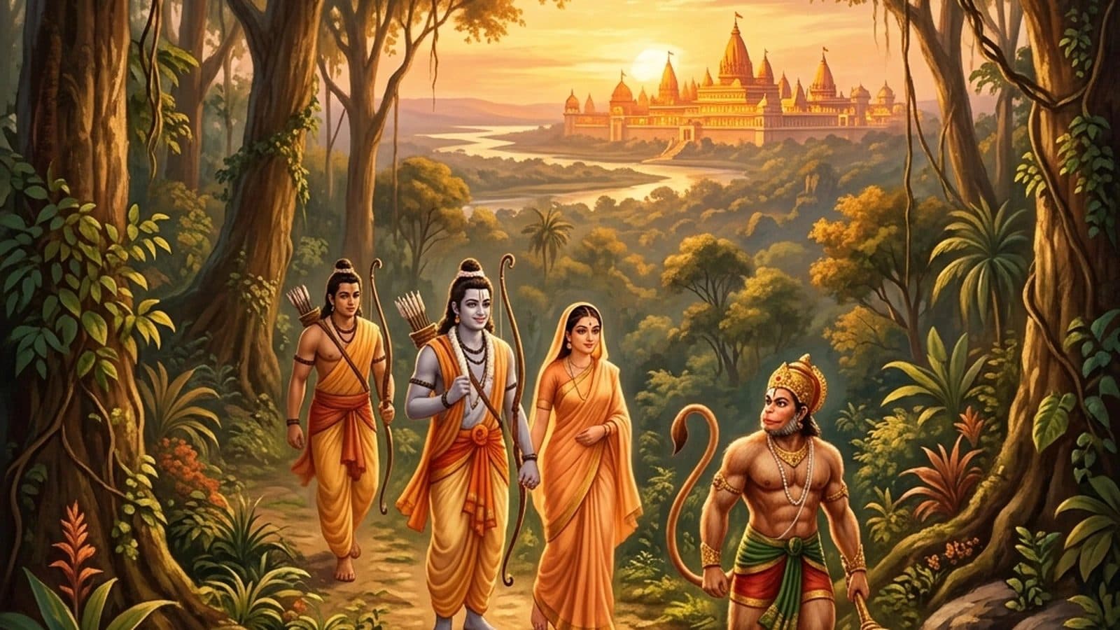Rama, Sita, Lakshmana in the forest - Ramayana