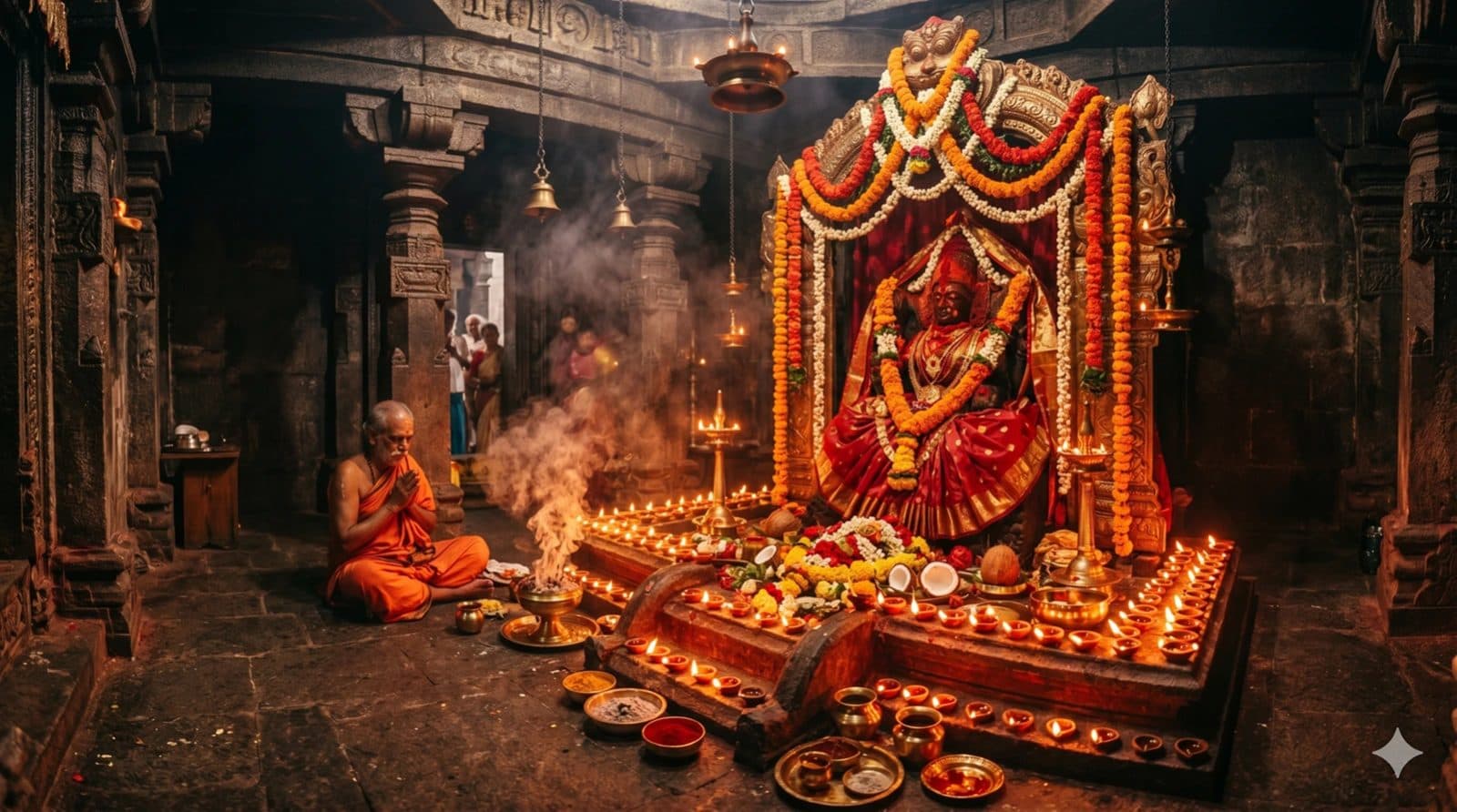 Devi temple adorned with flowers and lamps - Shakti Peetha pilgrimage circuit