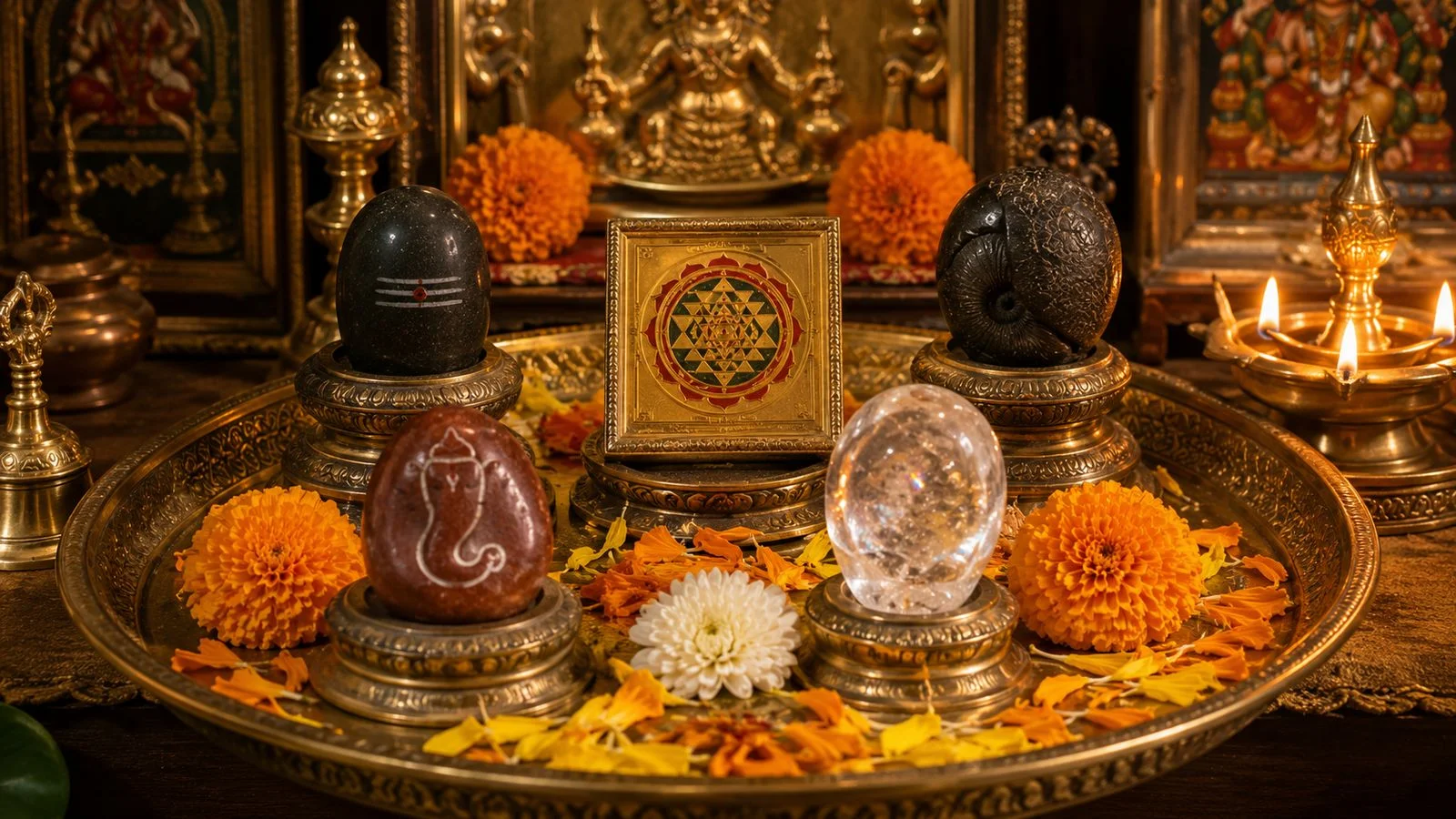 A Panchayatana altar — five-deity arrangement of sacred shilas